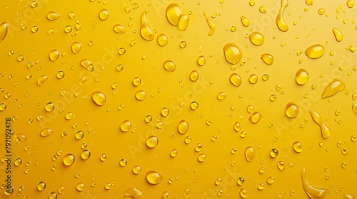 Condensation water or beer drops on a yellow glass texture background. Champagne or oil droplets, pure juice blobs .Top view