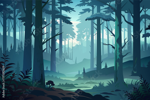 A dense forest bathed in fog, the trees standing silent and still in the cold morning air