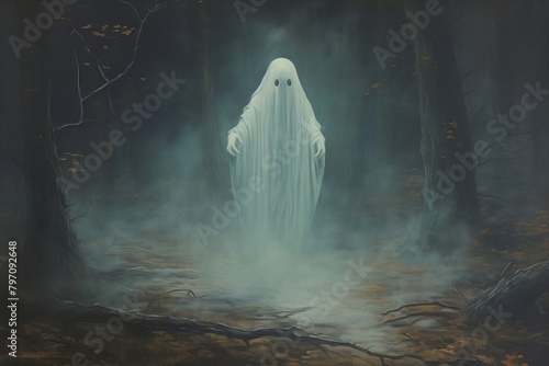 A ghost outdoors painting nature.