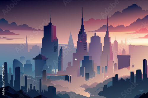 A fog-covered city skyline, the towering buildings barely visible through the dense mist