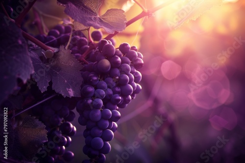 Plant with violet grapes, seedless fruit hanging from twig with leaves
