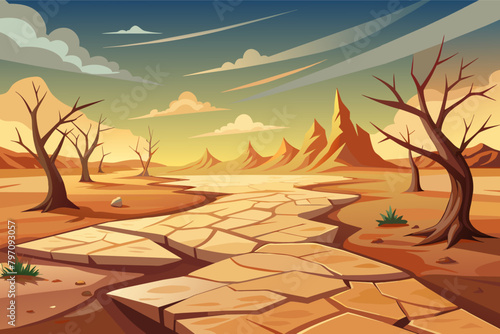 A desolate landscape cracked by drought, symbolizing the devastation caused by climate change.