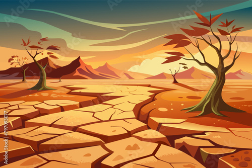 A desolate landscape cracked by drought, symbolizing the devastation caused by climate change.