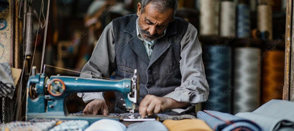 A man sits at a table using a sewing machine for his art A man sits at a table using a sewing machine for his art
