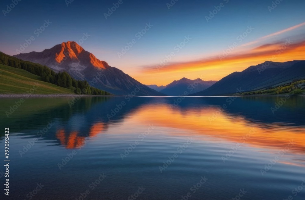 Sunset on the lake with the reflection of the mountains in the water