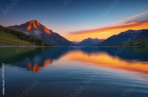 Sunset on the lake with the reflection of the mountains in the water © Hamster