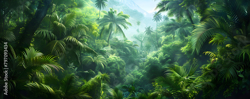 Panorama of dense jungle  wild forest with palm trees and tropical plants  landscape of green wilderness  theme of adventure and nature.
