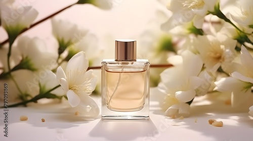 Glass luxury perfume bottle mockup template with flowers on a light pink background, top view