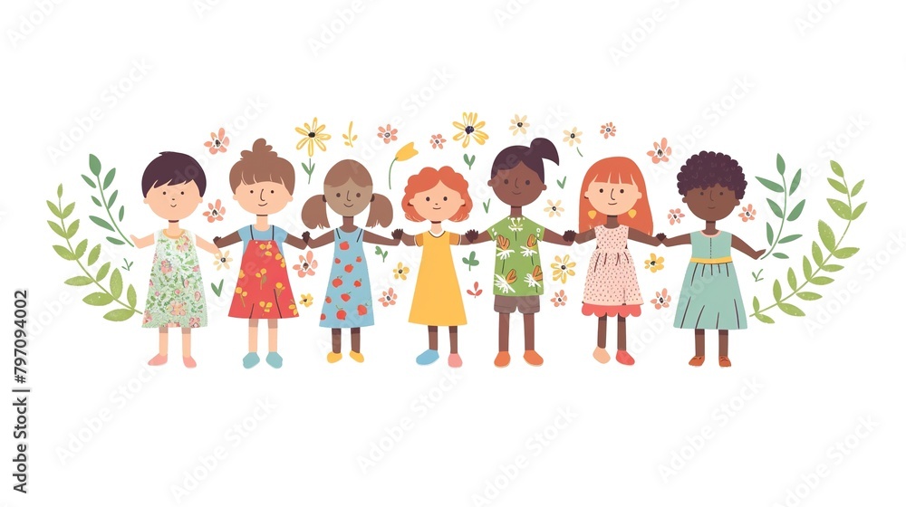 Diverse children holding hands. Unity symbol. White background. Diverse children holding hands. Unity symbol. White background.
