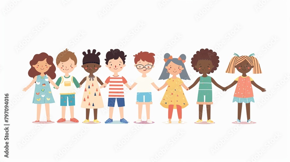 Watercolor: Children from different backgrounds holding hands.