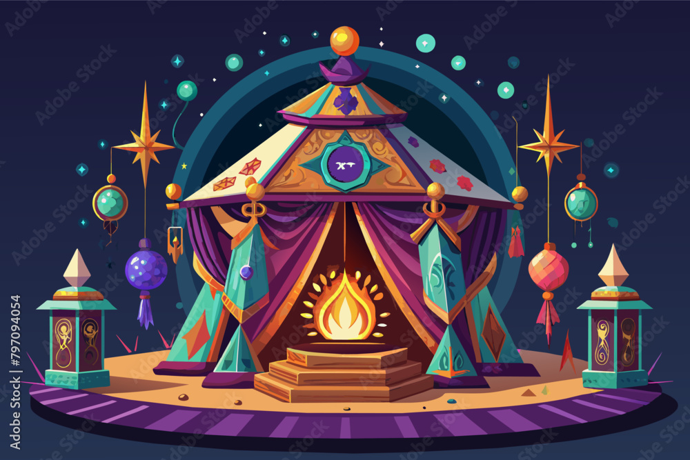 Illustration of mini temple for rituals with burning lamp on the temple Illustration of mini temple for rituals with burning lamp on the temple