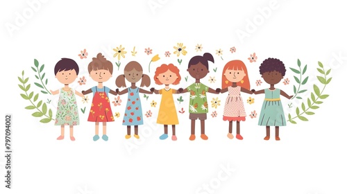Diverse children holding hands. Unity symbol. White background.