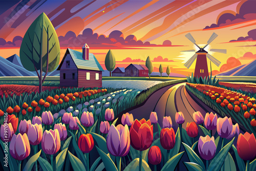 Tulip flower field with old style turbine and hut photo