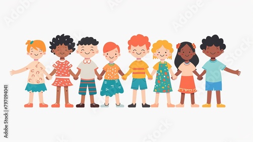 Stronger together. Diverse children united. White background.