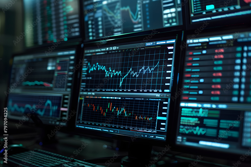 Multiple computer screens displaying stock market data with graphs and charts. Finance and trading concept. Design for financial analysis, trading platform advertisement, and market monitoring Multiple computer screens displaying stock market data with graphs and charts. Finance and trading concept. Design for financial analysis, trading platform advertisement, and market monitoring