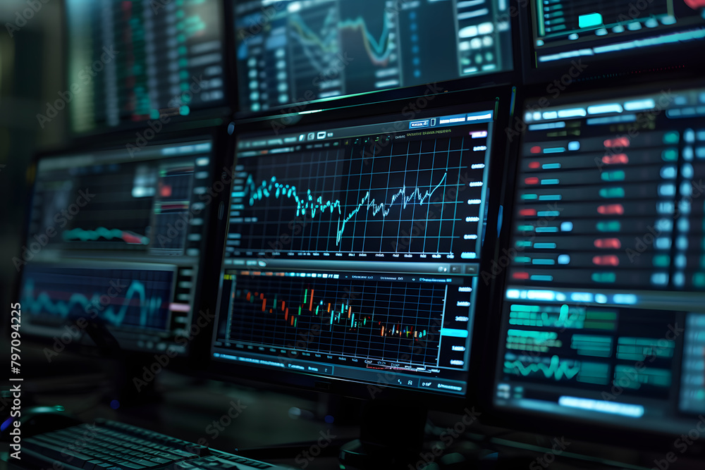 Multiple computer screens displaying stock market data with graphs and charts. Finance and trading concept. Design for financial analysis, trading platform advertisement, and market monitoring