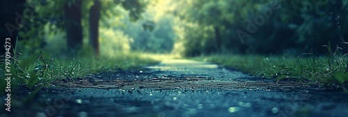 a wet road in the middle of a forest with grass and trees photo