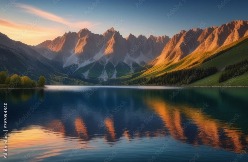 Sunset on the lake with the reflection of the mountains in the water