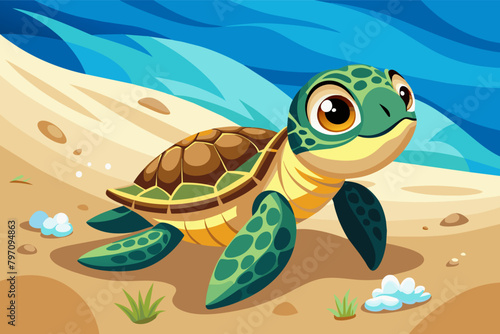 A determined little sea turtle hatchling makes its way towards the ocean waves.