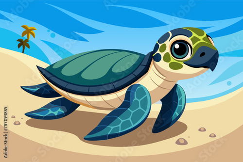 A determined little sea turtle hatchling makes its way towards the ocean waves.