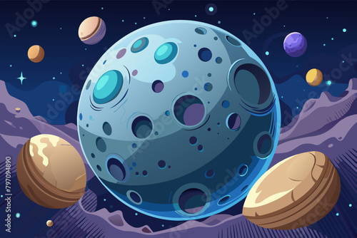 A detailed illustration of the moon's craters and surface