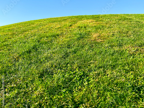 Φωτογραφία Idyllic Grassy Green Hill Against a Clear Blue Sky
