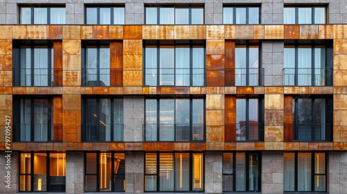 Stylish building facade with a beige and brown color palette. An elite residential complex or shopping mall.