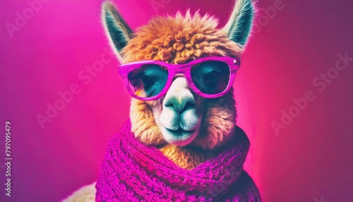alpaca wearing pink glasses and wrapped in a scarf vibrant magenta color background