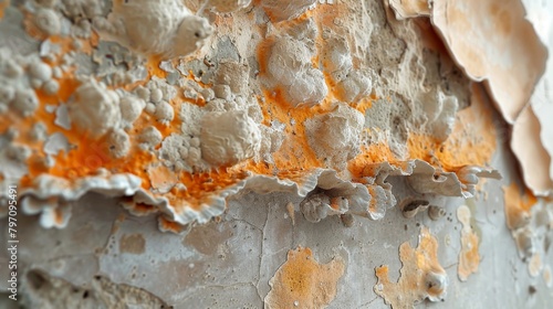 In a residential building, a growing fungus (Serpula lacrymans) attacks wooden elements in the structure. Close-up, macro image.