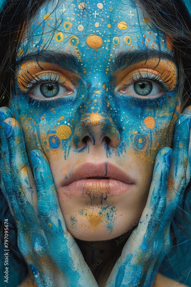 A woman with blue face paint and gold body art, AI