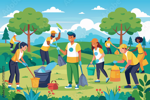 A diverse group of volunteers cleaning up a community park