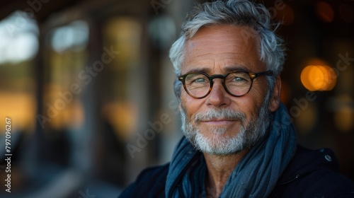 Stylish gray-haired man with glasses looks at the camera outside