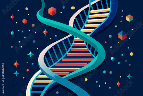 A DNA double helix morphs into a staircase, symbolizing the journey of genetic research.