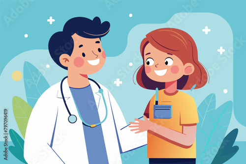 A doctor in scrubs, examining a patient with a kind and reassuring smile.