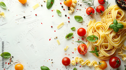 Cooking background frame, Food ingredients for italian pasta on white background