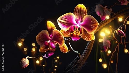 pink orchid lovely tropical flower with lights light black and yellow background hd illustrations photo