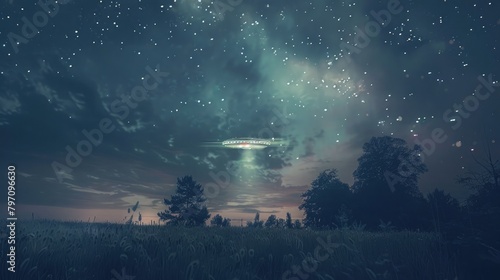 A serene view of a night sky with mysterious lights and unidentified flying objects for World UFO Day. photo