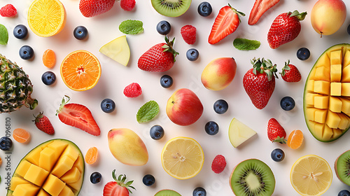 Creative layout made of fruits, Flat lay, Plum, apple, strawberry, blueberry, papaya, pineapple, lemon, orange, lime, kiwi, melon, apricot, pitaya, mango and carambola on the white background photo