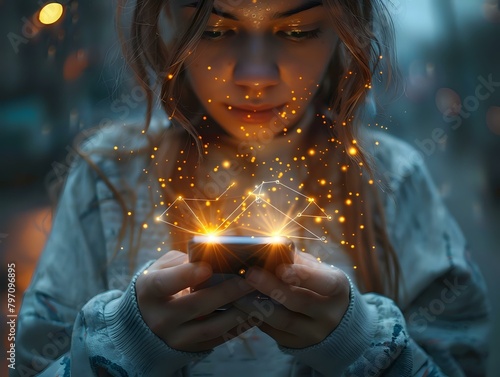 Futuristic Digital Interaction: Person Using Smartphone with Advanced Graphics © Maquette Pro