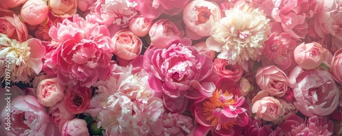 Vibrant wide-angle view of lush peonies in full bloom