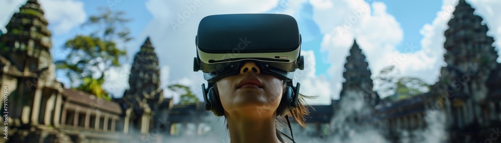 A woman wearing a virtual reality headset is standing in front of a large building. Concept of adventure and exploration. A woman wearing a virtual reality headset is standing in front of a large building. Concept of adventure and exploration.