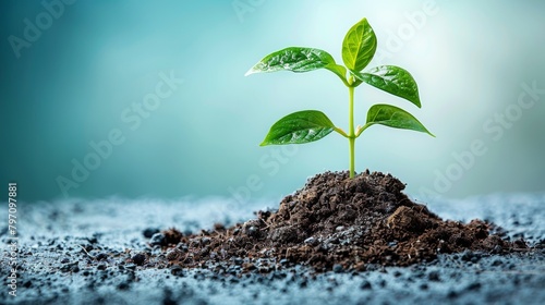 A young plant in a pile of dirt or ground isolated against a white background. Young life concept.