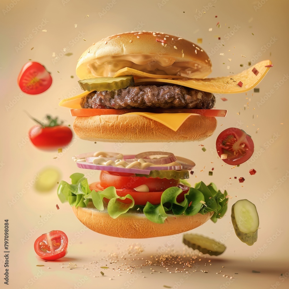 Fast Food concept, flying hamburgers ingredients Fast Food concept, flying hamburgers ingredients
