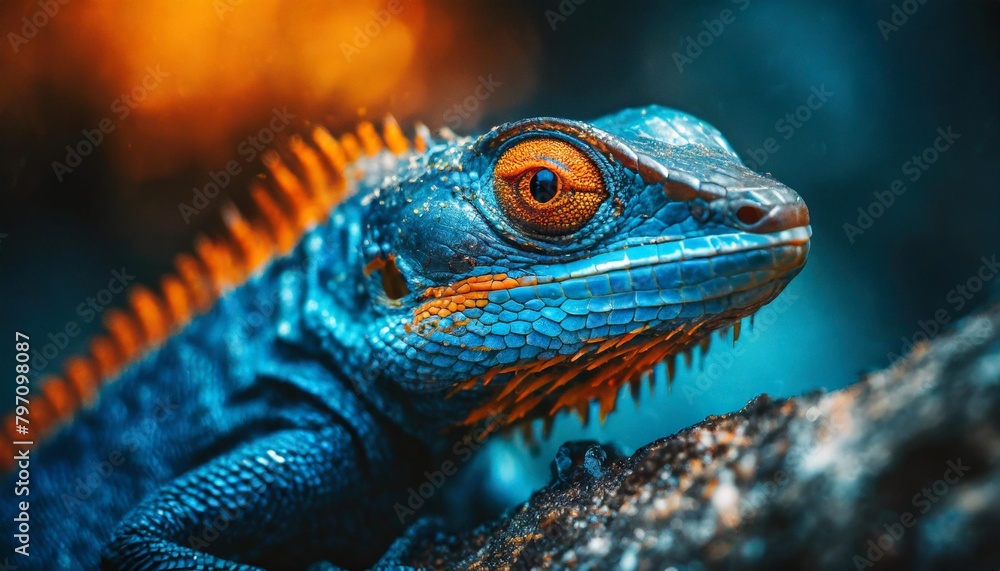 the enigmatic blue lizard with fiery orange eyes a detailed close up of a striking blue lizard with vibrant orange eyes showcasing its unique colors and features
