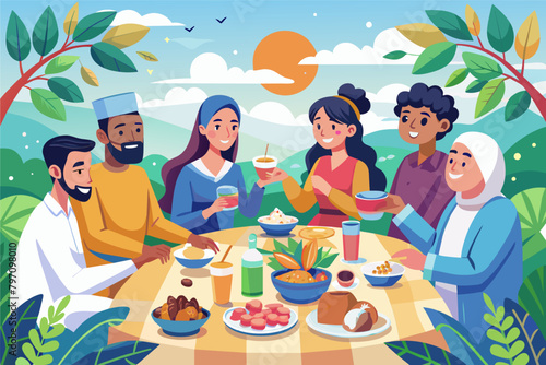 illustration  group of friends sharing a delicious Eid feast outdoors, surrounded by nature.