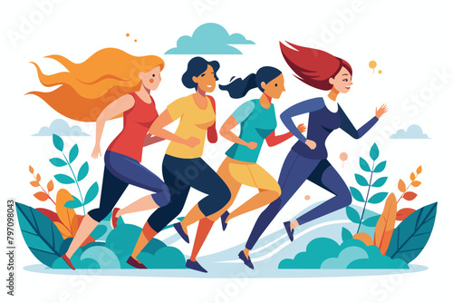 illustration  group of women running together, symbolizing progress and breaking boundaries.
