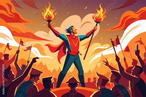 illustration  juggler tossing fiery torches in the air, surrounded by a cheering crowd.