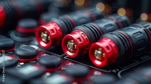 An audio connector in white and red on a black background. An audio connector in white-red on a black background. Copy space, photo