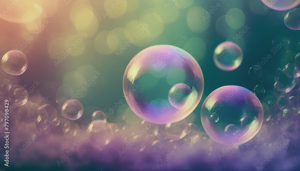 beautiful floating soap bubbles on natural abstract multicolor background