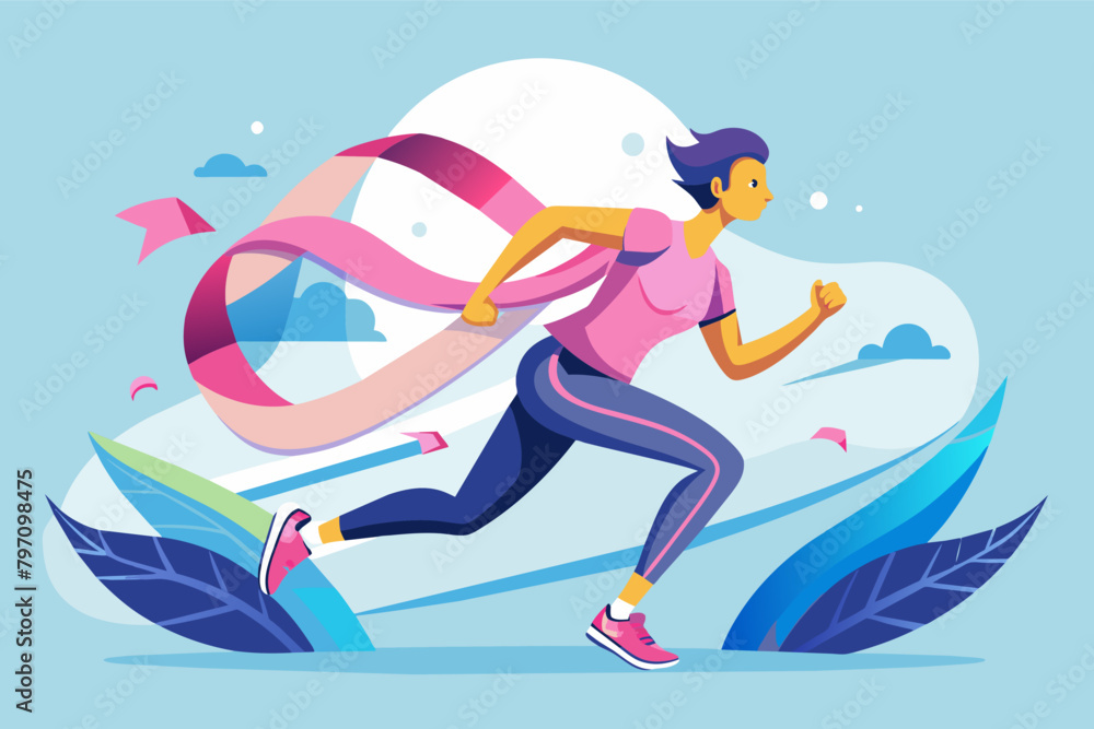 illustration runner breaking through a finish line shaped like the World Cancer Day ribbon. illustration runner breaking through a finish line shaped like the World Cancer Day ribbon.